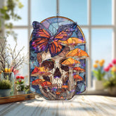 Skull and Butterfly Acrylic Suncatcher, Gothic Stained Glass Style Panel with Mushrooms, Dark Fantasy Window Hanging Home Décor